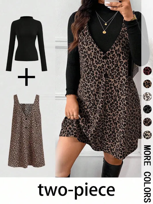 CRESSIDA™ – High Neck Top & Leopard Strap Skirt Two-Piece Set